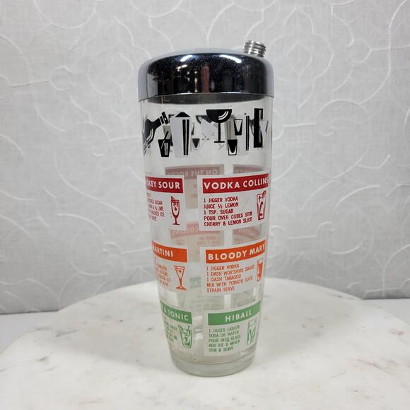 Vintage MCM Glass Cocktail Recipe Shaker 9" Silver Clear Liquor Drink Mixer - Picture 4 of 14